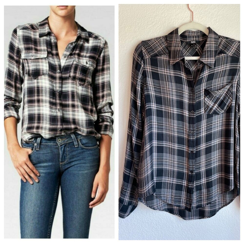 PAIGE Mya Plaid Button Down Flannel Shirt in Adobe Rose Grey Huntley Plaid Small